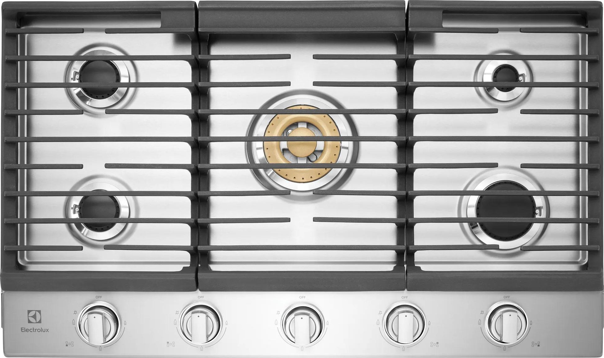 36-inch stainless steel gas cooktop with five burners including a central brass power burner from kitchen appliances collection