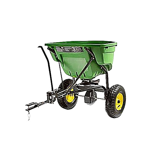 Green broadcast spreader with yellow wheels and black metal frame designed for home improvement tasks and lawn care.