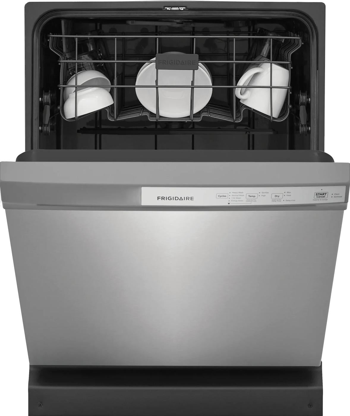 Open stainless steel dishwasher showing clean white cups and plates inside for kitchen appliance use