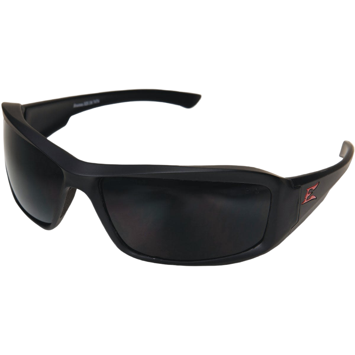 Black nylon-frame safety glasses with dark lenses and soft hypoallergenic temple tips for protective eyewear needs.