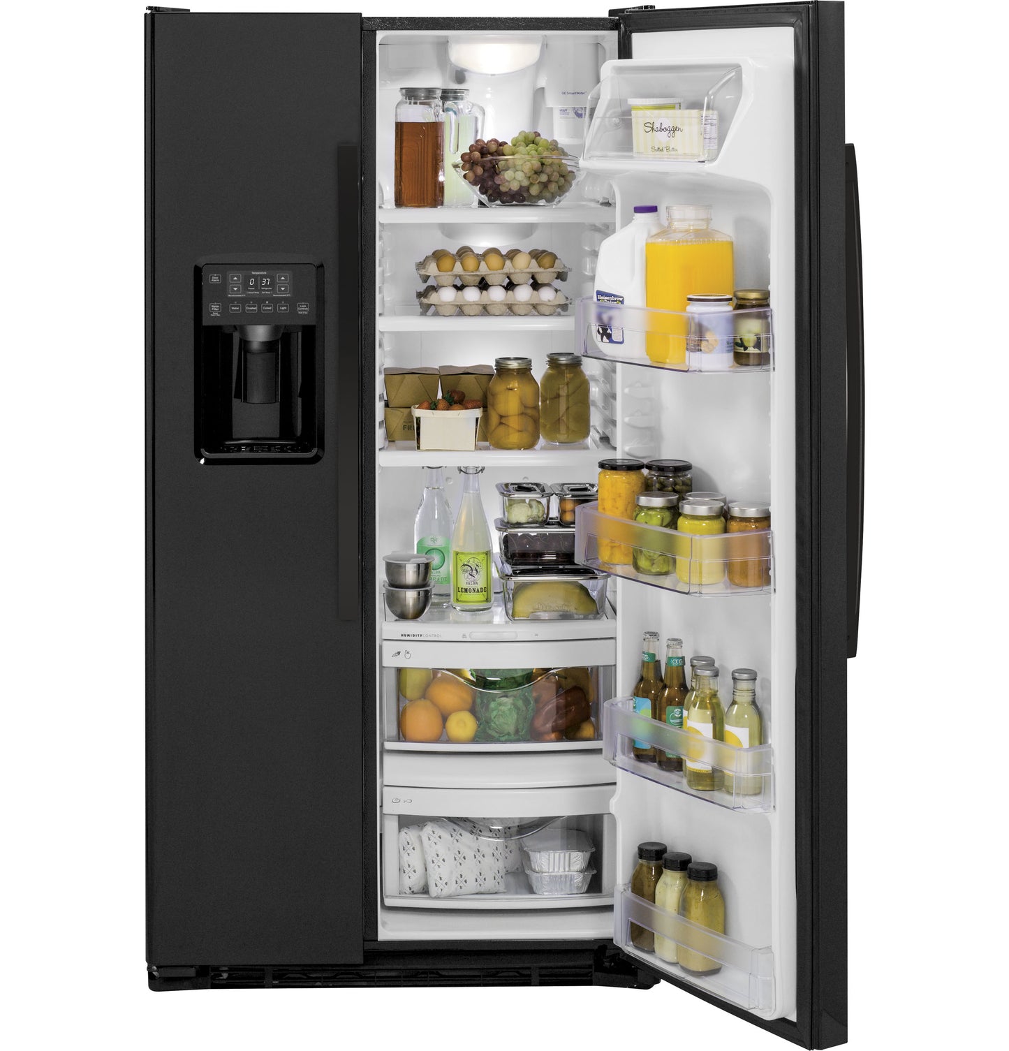 Black side-by-side refrigerator with water dispenser and organized interior shelves stocked with beverages and food items