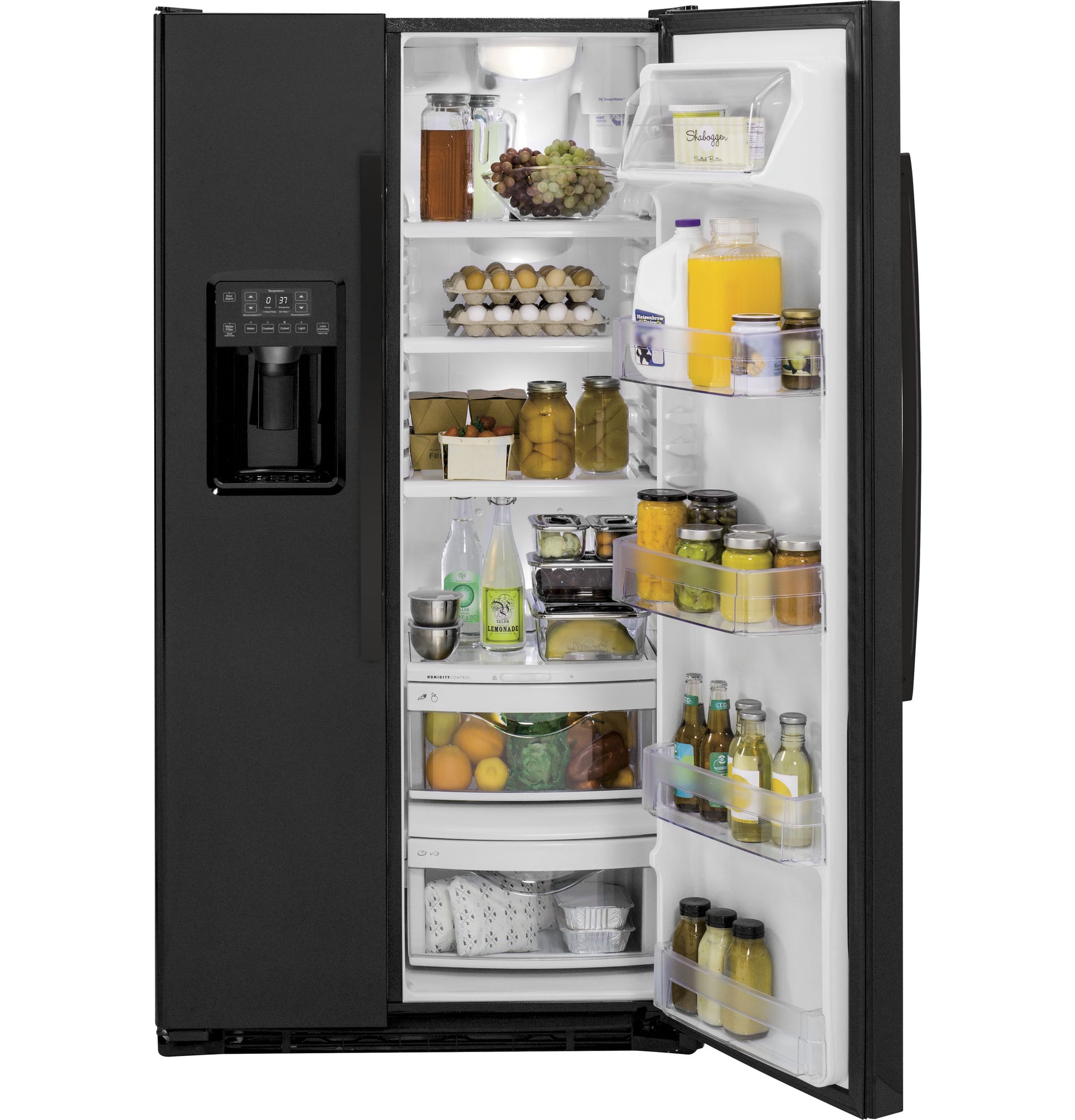 Black side-by-side refrigerator with water dispenser and organized interior shelves stocked with beverages and food items