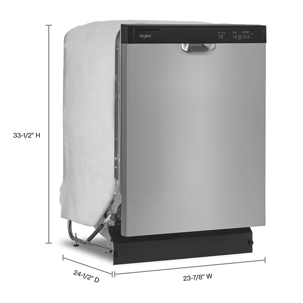 Freestanding stainless steel dishwasher with control panel and handle, shown with installation measurements in kitchen appliances collection