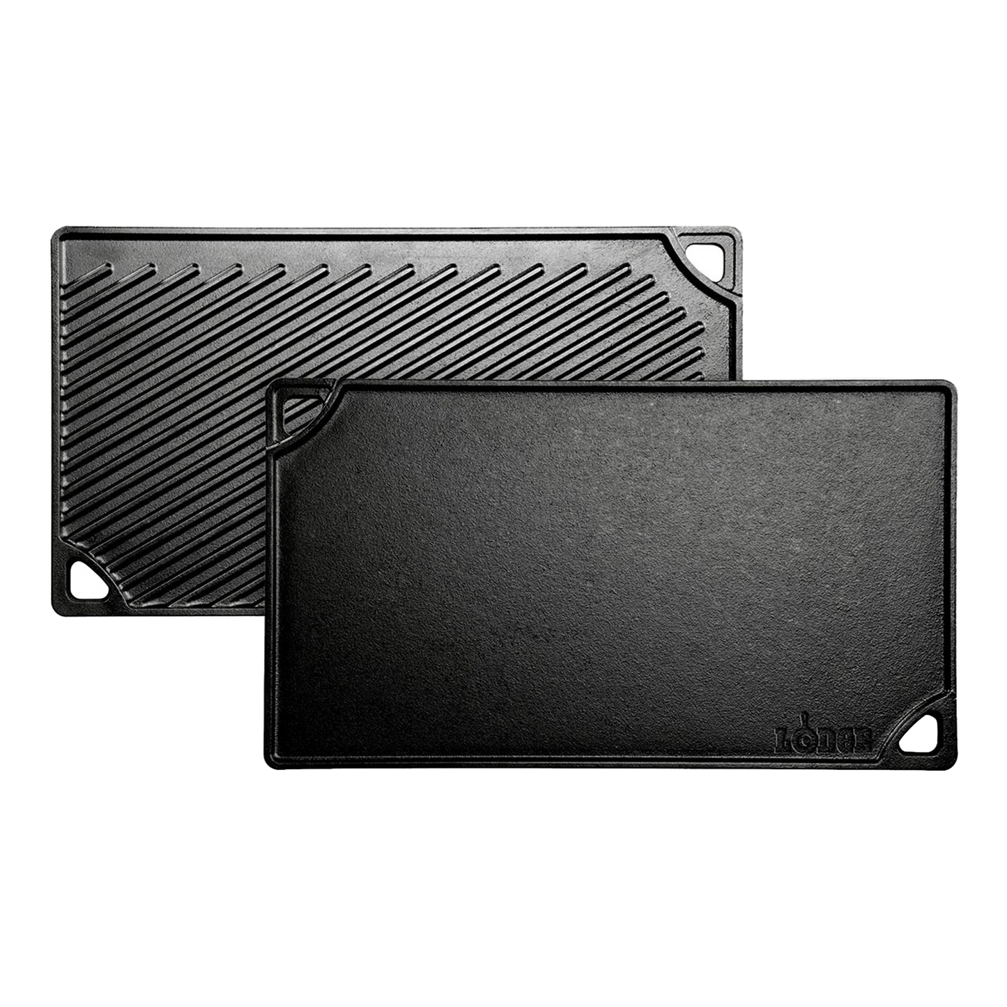 Double-sided rectangular cast iron griddle with smooth and ridged surfaces, designed for versatile outdoor cooking and grilling.