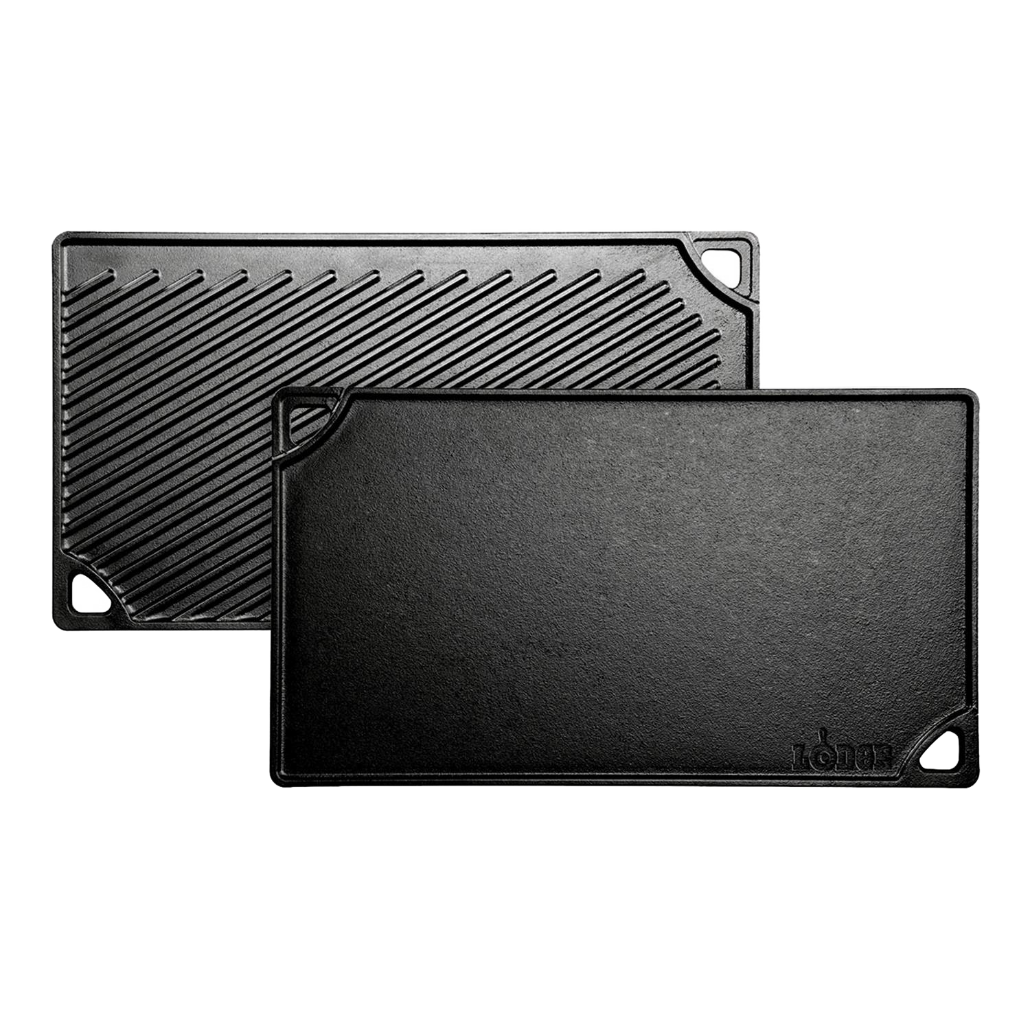 Double-sided rectangular cast iron griddle with smooth and ridged surfaces, designed for versatile outdoor cooking and grilling.