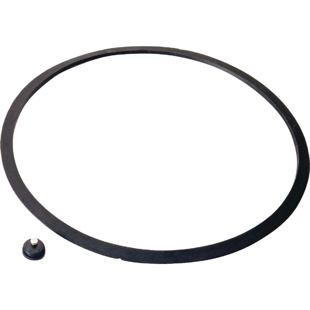 Flexible black rubber gasket ring with small attachment piece for pressure cooker maintenance and repair