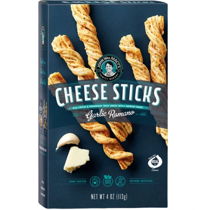 Box of savory Garlic Romano cheese sticks twice baked with real cheese for Chips & Snacks and Food & Beverage collections under $25