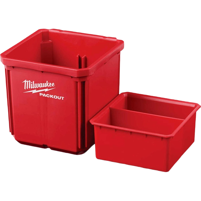 Two red Milwaukee PACKOUT bins in different sizes for tool storage and workshop organization solutions