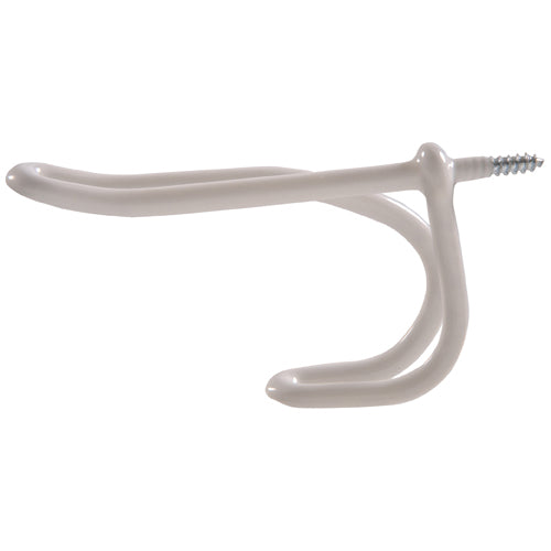 White vinyl coated wire hook with two prongs and screw mount for organizing coats and hats in home improvement projects