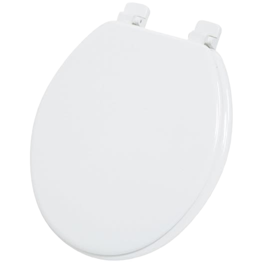 Round closed front toilet seat in white wood designed for home improvement and bathroom upgrades