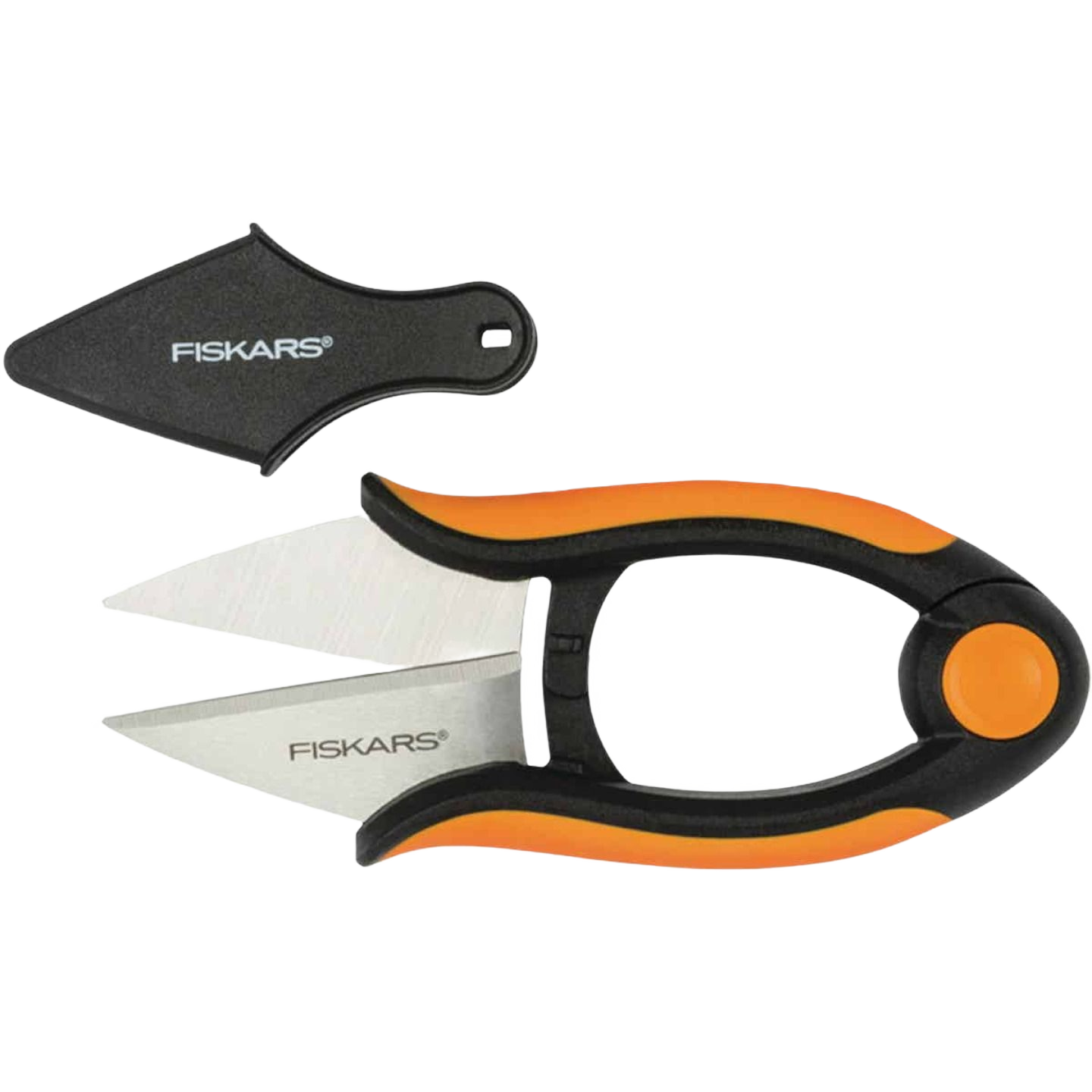 Compact garden herb snips with sharp stainless steel blades and ergonomic orange and black handles for precise outdoor cutting tasks