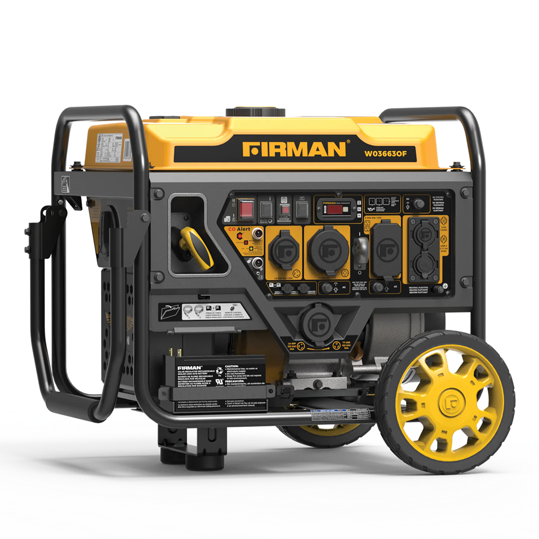 Yellow and black portable inverter generator with wheels and control panel for tools and home improvement projects