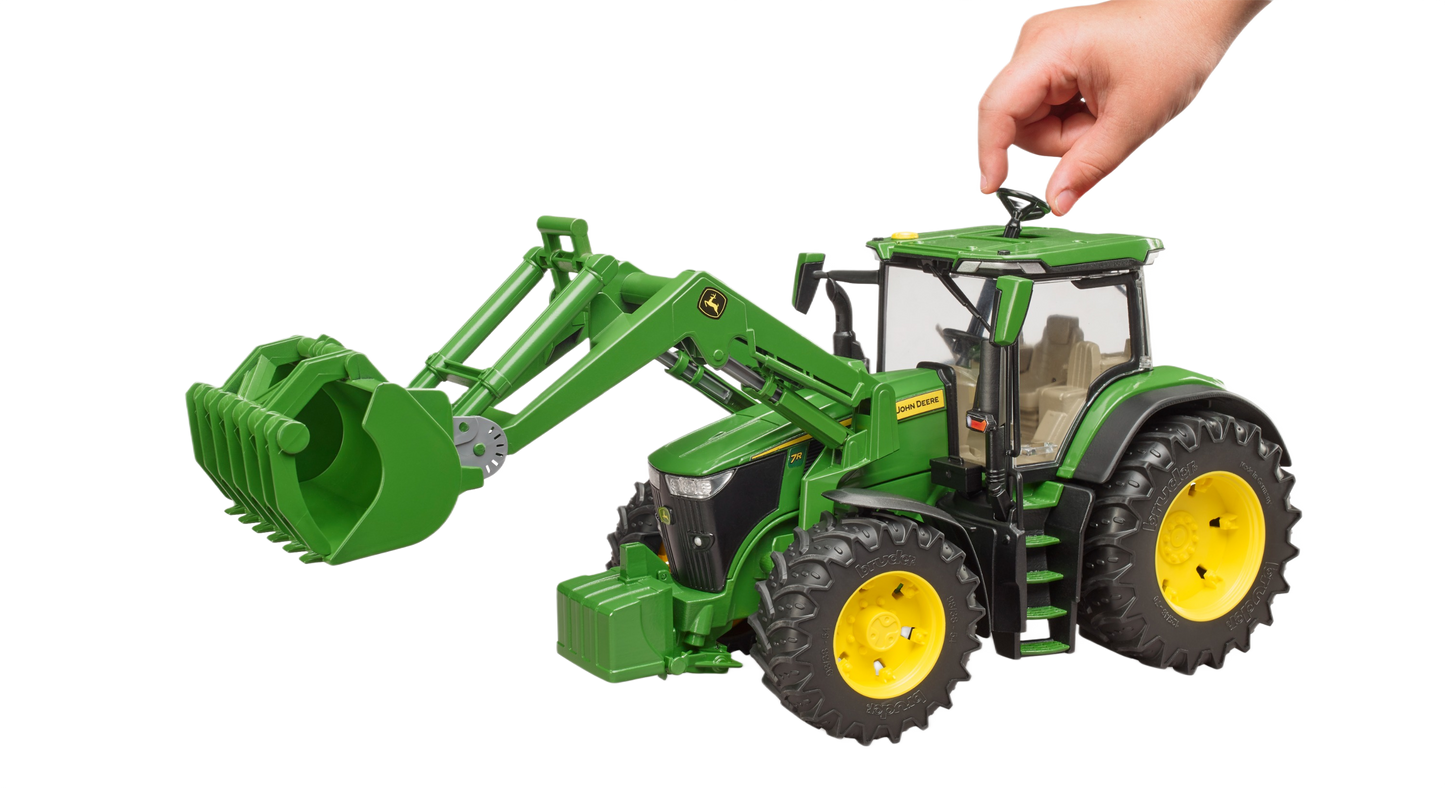 Green Bruder John Deere 7R 350 toy tractor with movable front loader for tools and home improvement play activities