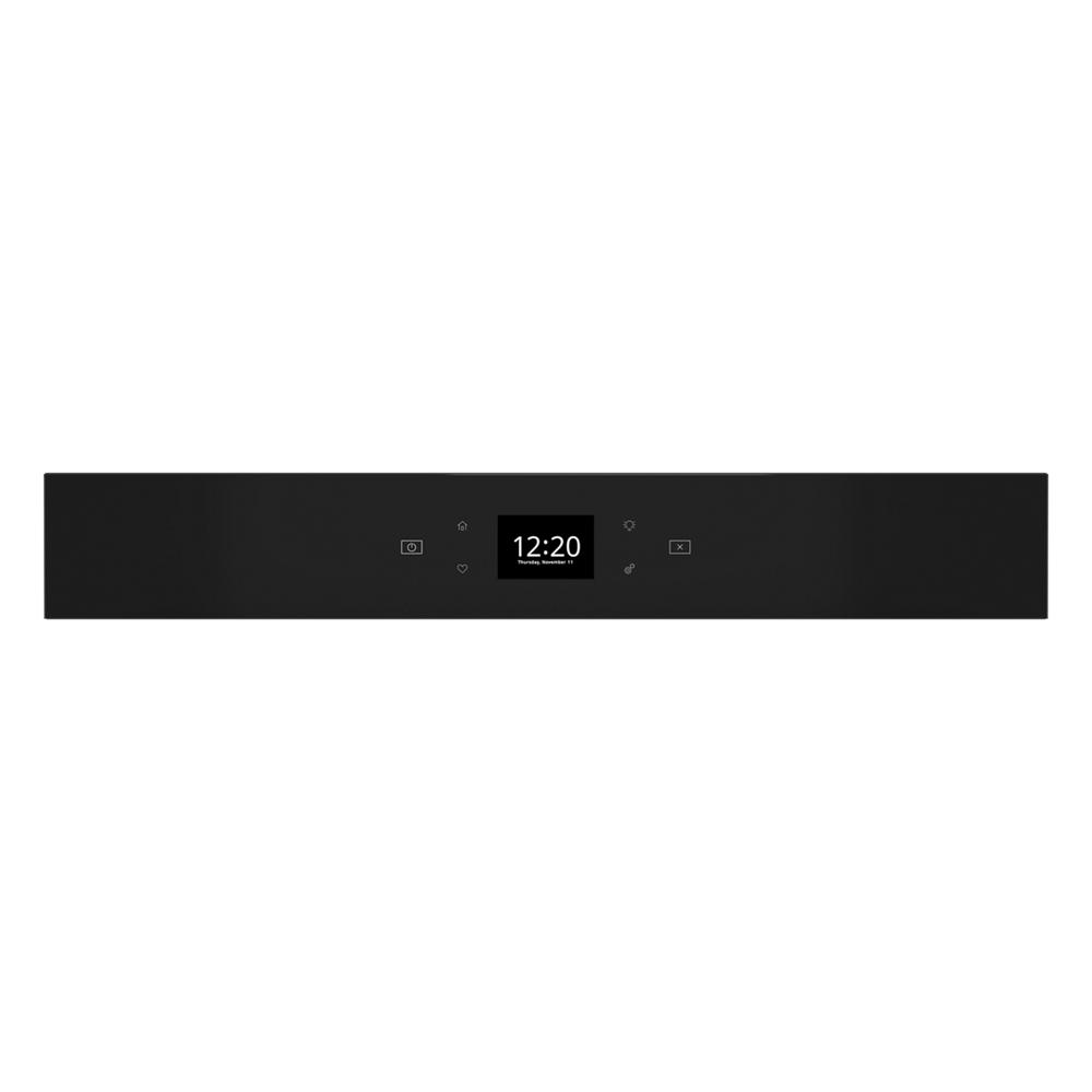 Close-up of black touch control panel with digital clock display for single wall oven in kitchen appliances collection