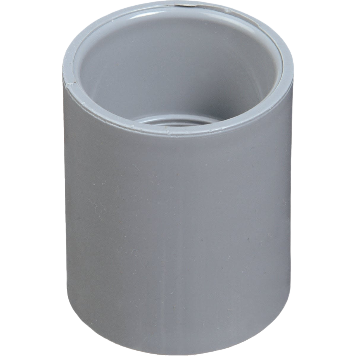 Gray PVC conduit coupling socket designed for joining 3/4-inch conduit pipes in home improvement projects