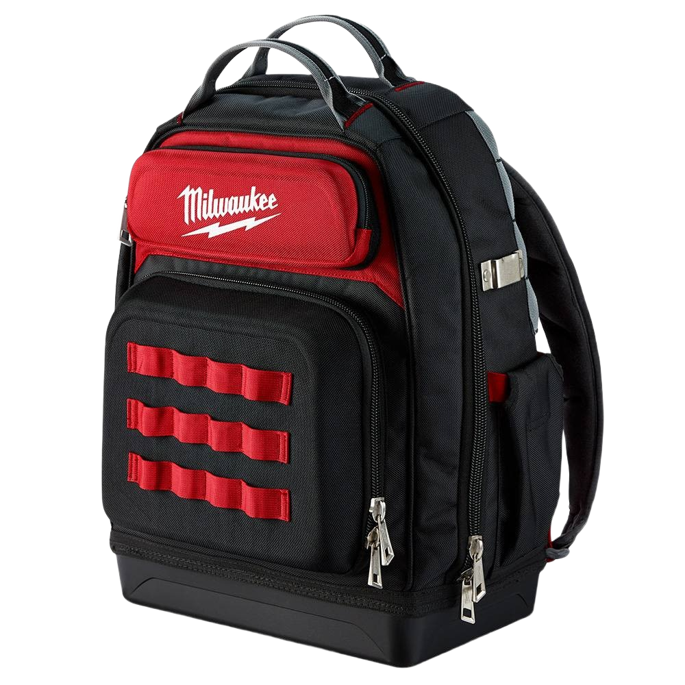 Durable black and red heavy-duty backpack with multiple storage compartments for tools and home improvement use