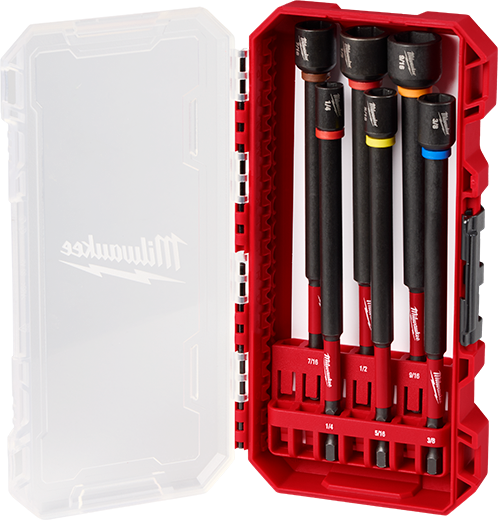 Set of six impact-rated magnetic nut drivers with color-coded shafts in compact red storage case for power tool accessories