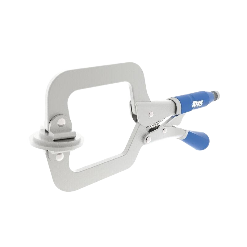 Gray metal C-clamp with blue ergonomic handles for secure gripping in tools and home improvement tasks