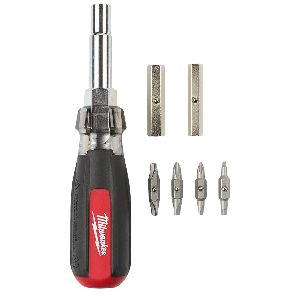 Multi-bit screwdriver with black and red cushion grip handle and six interchangeable steel bits for tools and home improvement tasks