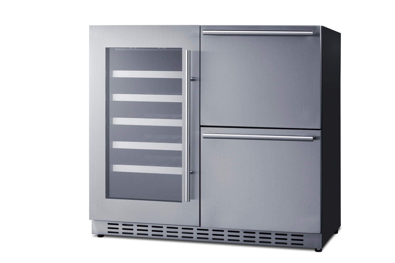 Built-in stainless steel refrigeration unit featuring a glass-front wine cellar on the left and two pull-out refrigerated drawers on the right, part of Refrigerators, Kitchen & Kitchenware, Beverage Centers, Appliances collections.