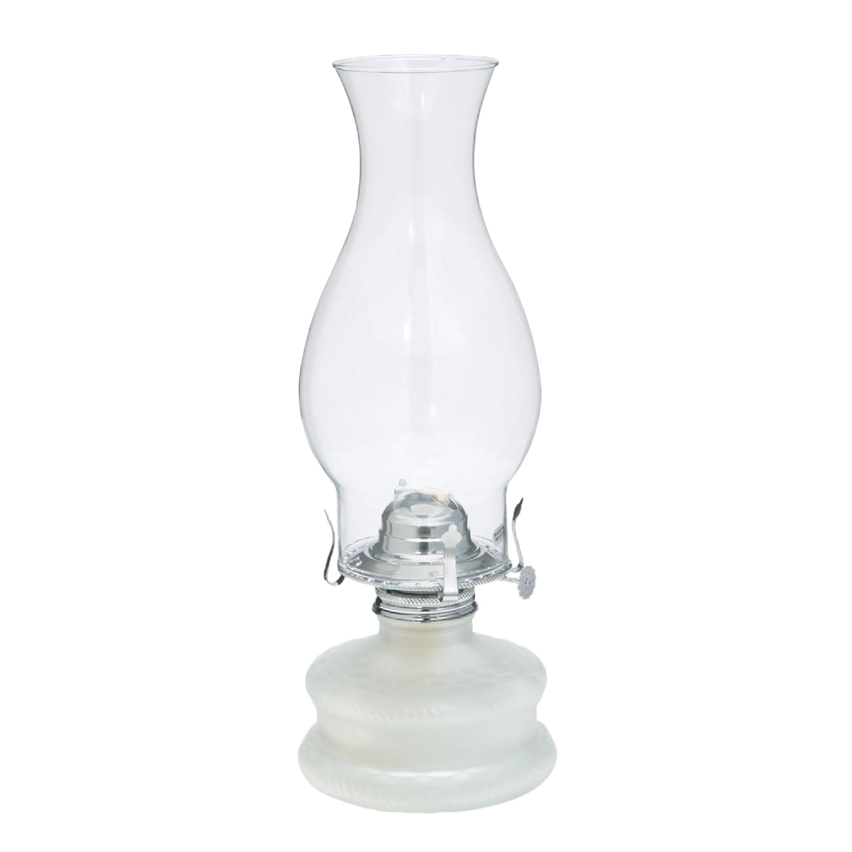 Frosted glass oil lamp with brass burner and clear flared chimney for classic home decor and lighting collections