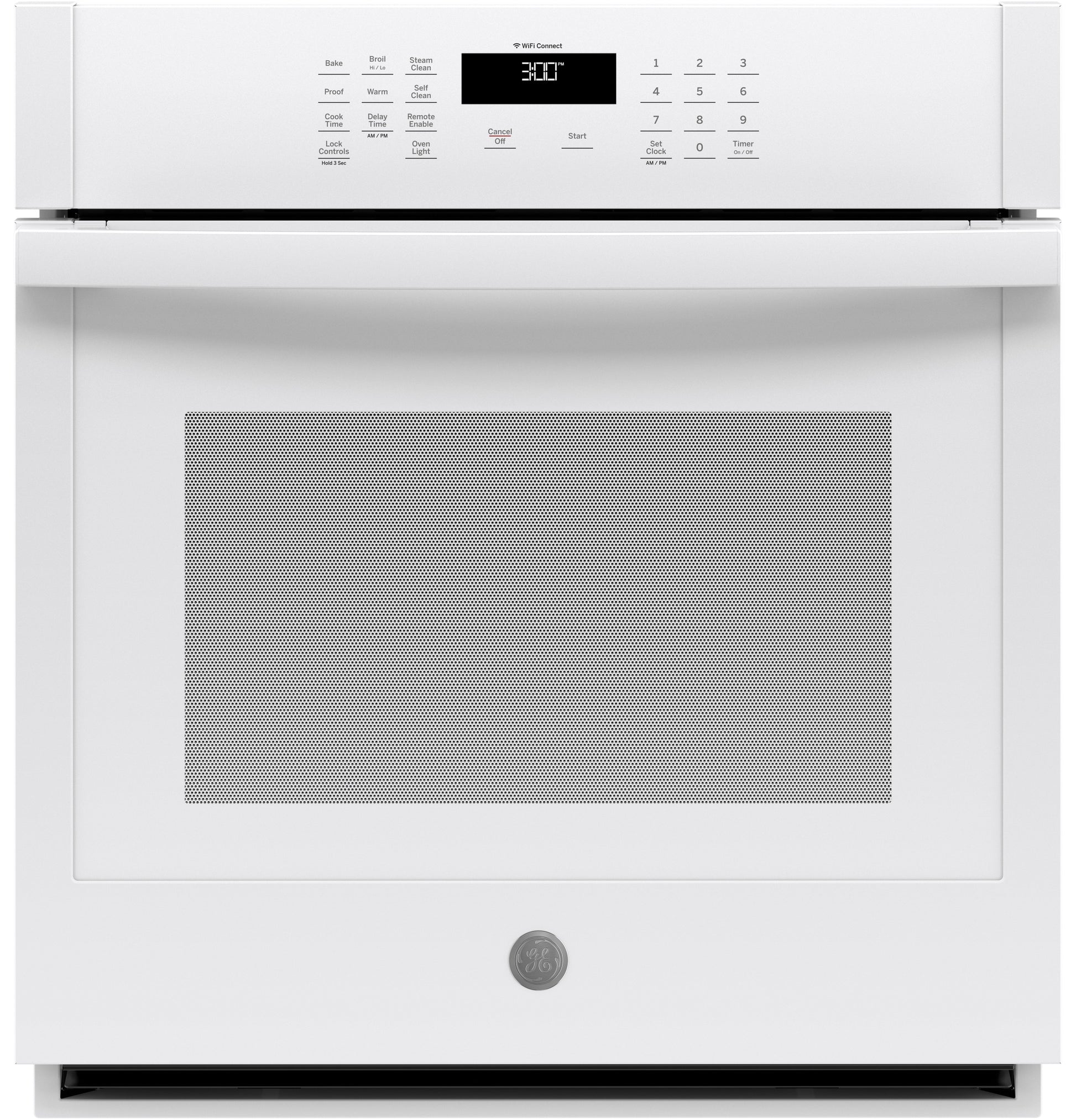 White built-in single wall oven with digital control panel and glass door from kitchen appliances collection