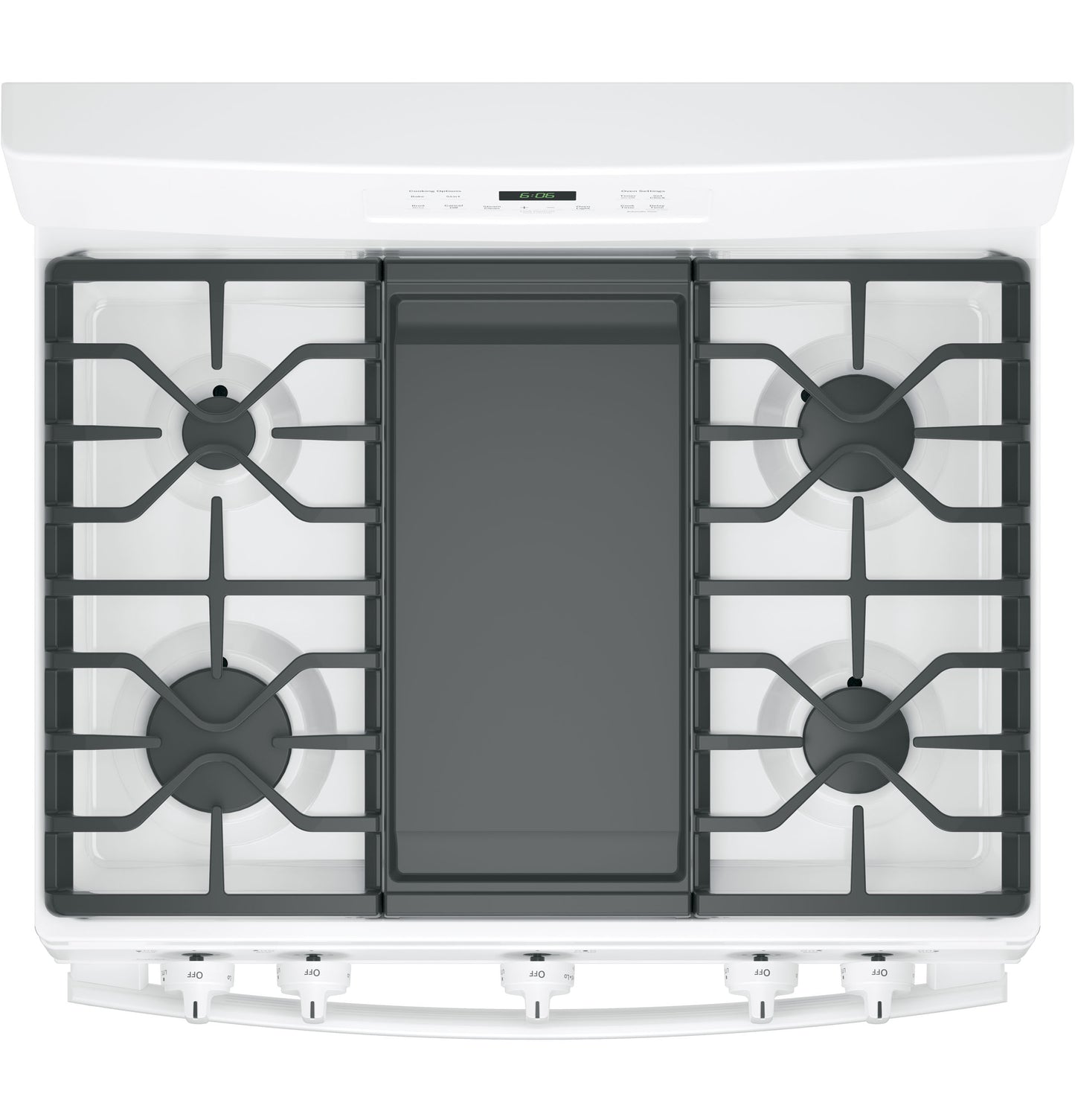 Top view of white free-standing gas range with five burners and central griddle in kitchen and home improvement collection