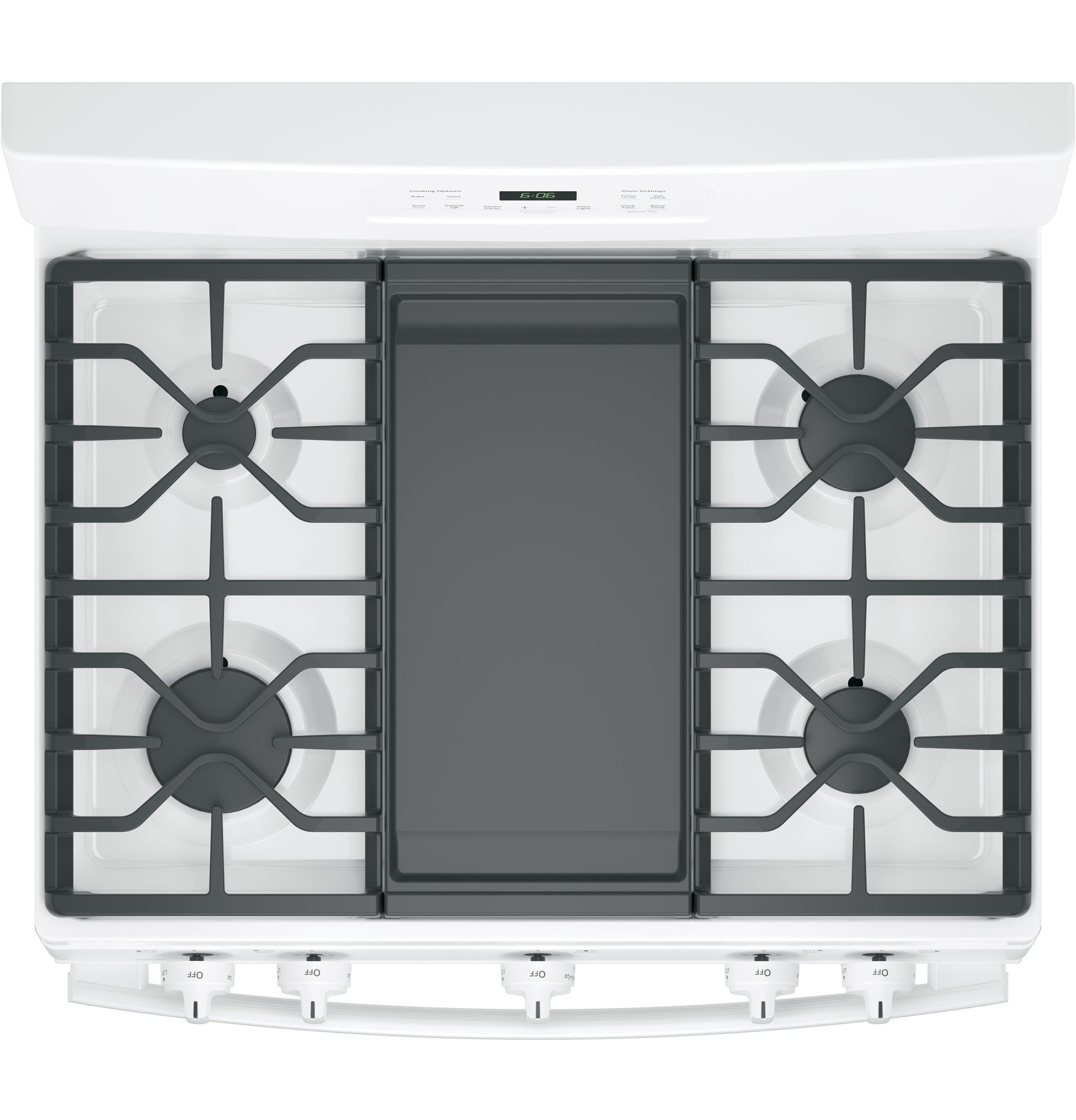 Top view of white free-standing gas range with five burners and central griddle in kitchen and home improvement collection