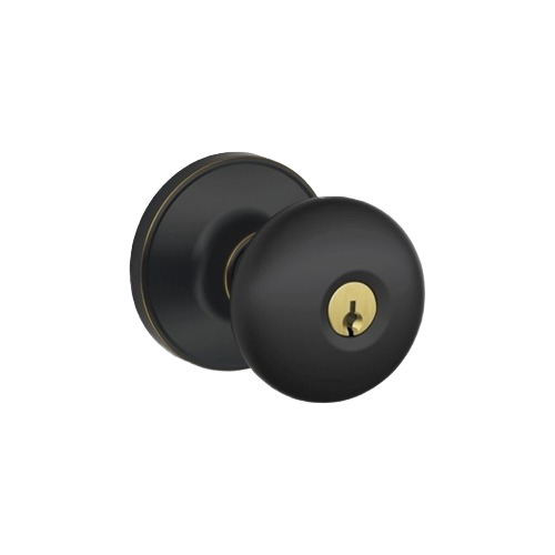 Aged bronze keyed entry door knob with round design for secure home improvement applications