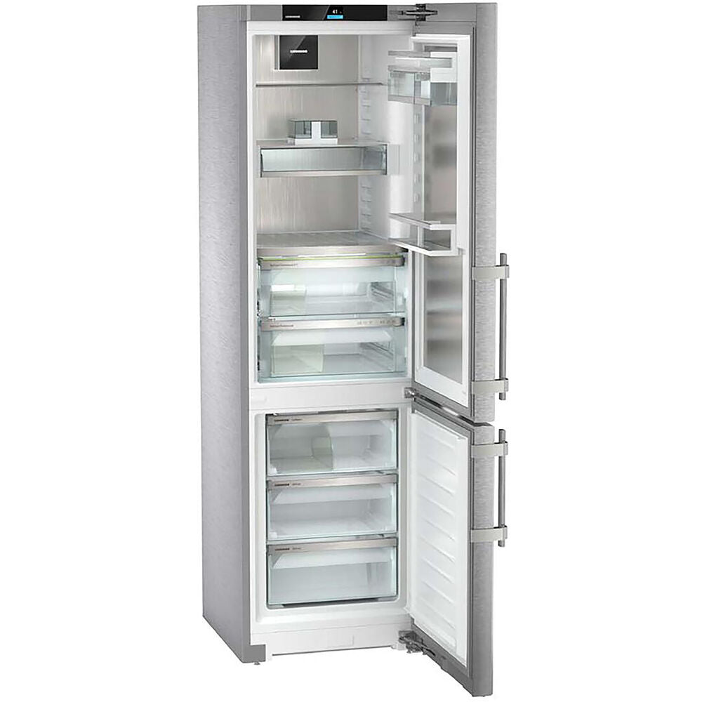 Freestanding 24-inch refrigerator with bottom freezer and ice maker, featuring spacious transparent storage in Appliances collection