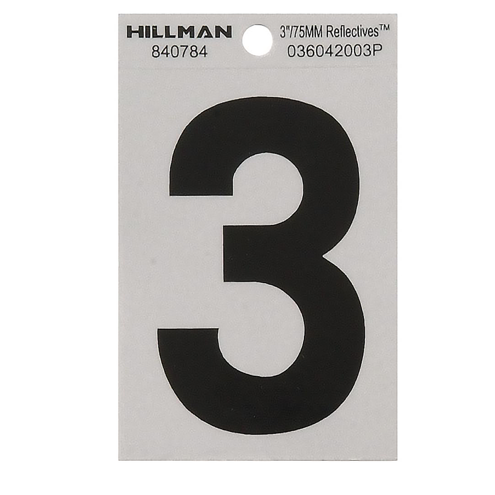 Black adhesive house number 3 with silver reflective backing for home improvement and outdoor use