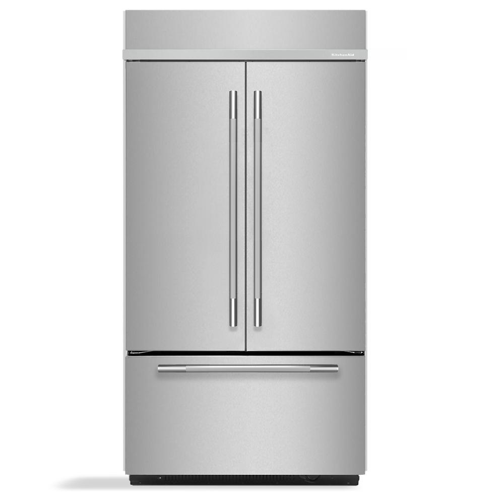 stainless steel built-in french door refrigerator with bottom freezer and sleek vertical handles in appliances collection