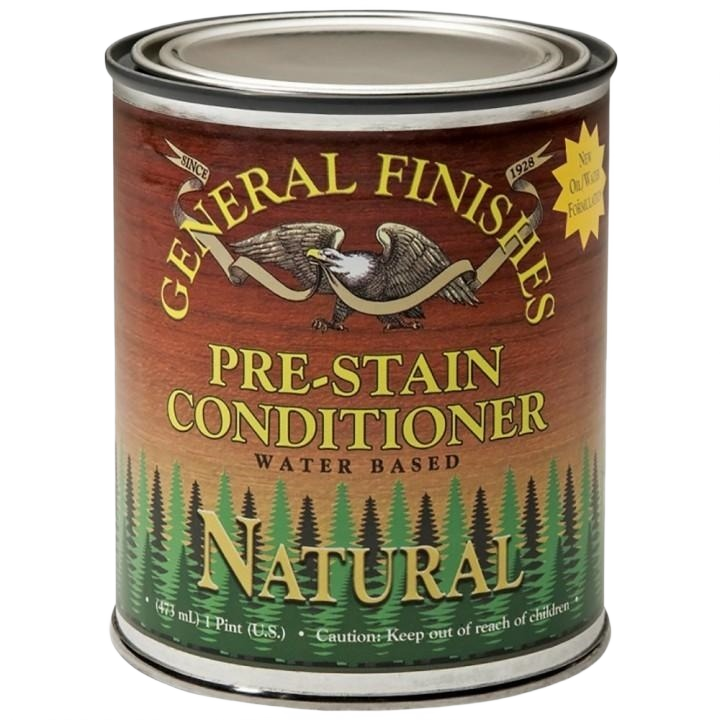 Water-based natural pre-stain conditioner in pint can for wood finishing and stain preparation in home improvement projects