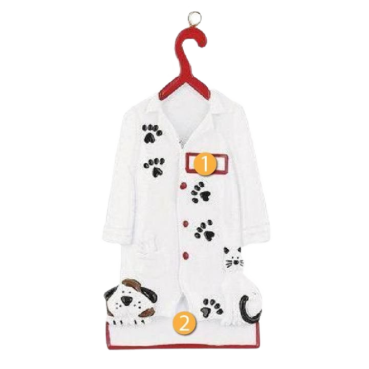 White veterinarian coat ornament decorated with black paw prints, dog, and cat for Christmas Ornaments & Tree Decorations collection
