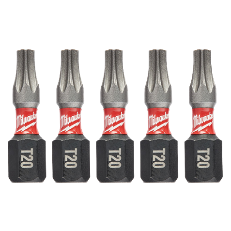 Set of five 1-inch T20 TORX impact driver bits with Wear Guard Tip for durable home improvement tool accessories.