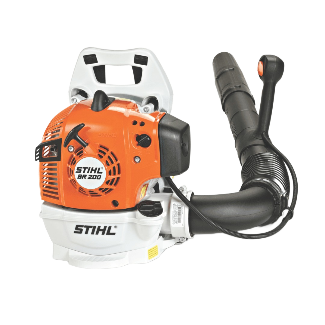 Compact orange and white backpack blower with ergonomic black air tube designed for outdoor home improvement tasks