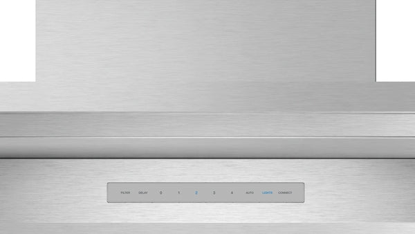 Brushed stainless steel island hood with Noise Control Deluxe and cooktop sync from Thermador kitchen appliances collection