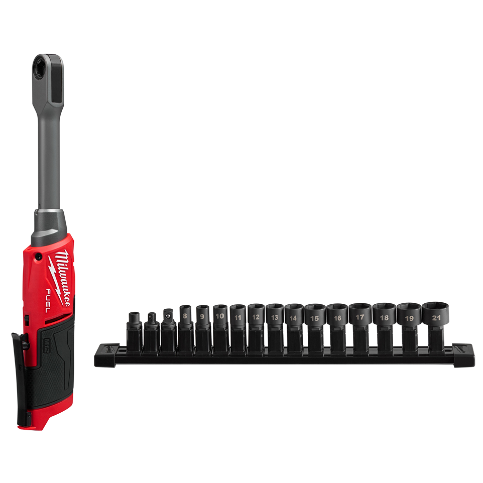 Red and black cordless extended reach ratchet with a set of labeled metric sockets for tools and home improvement use