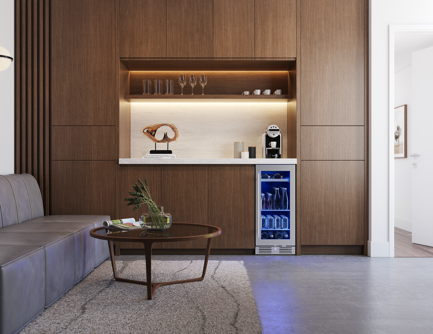 Built-in beverage center with stainless steel and glass door, blue lighting, wood cabinetry, and modern kitchen decor from Appliances collection