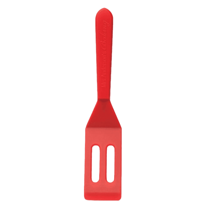 Red silicone spatula with slotted head designed for baking and cooking in kitchen utensils collections