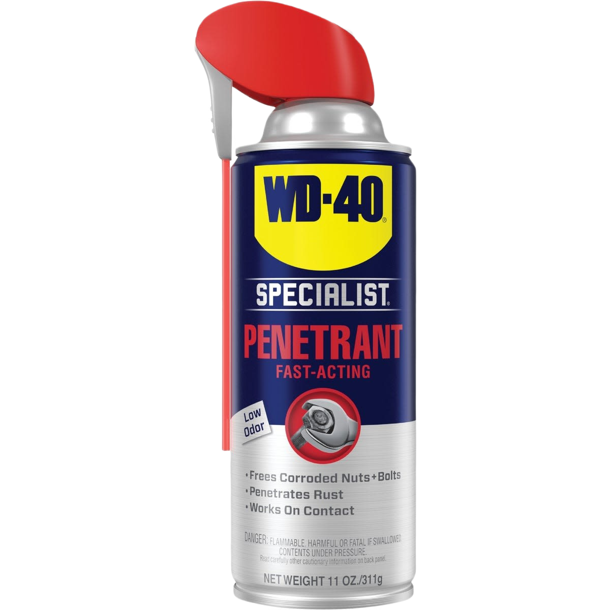 Can of WD-40 Specialist Penetrant with red spray nozzle for loosening rusted nuts and bolts in automotive and home improvement tasks