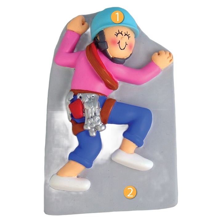 Female rock climber figurine ornament with blue helmet, pink top, and climbing gear for Christmas décor under $50 collection
