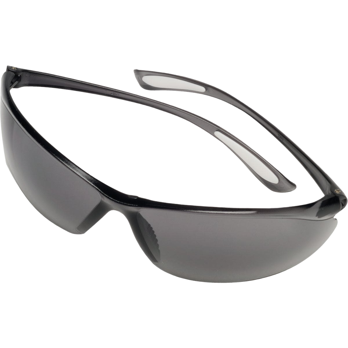 Lightweight safety glasses with gray lenses, cushioned nose bridge, and flexible temples for all-day comfort in protective eyewear.