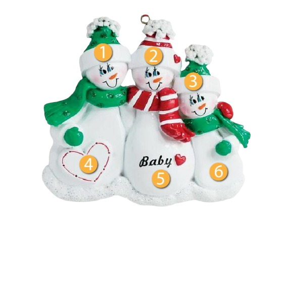 Festive snow family of three with personalized "Baby" text ornament for Christmas tree decorations under $50