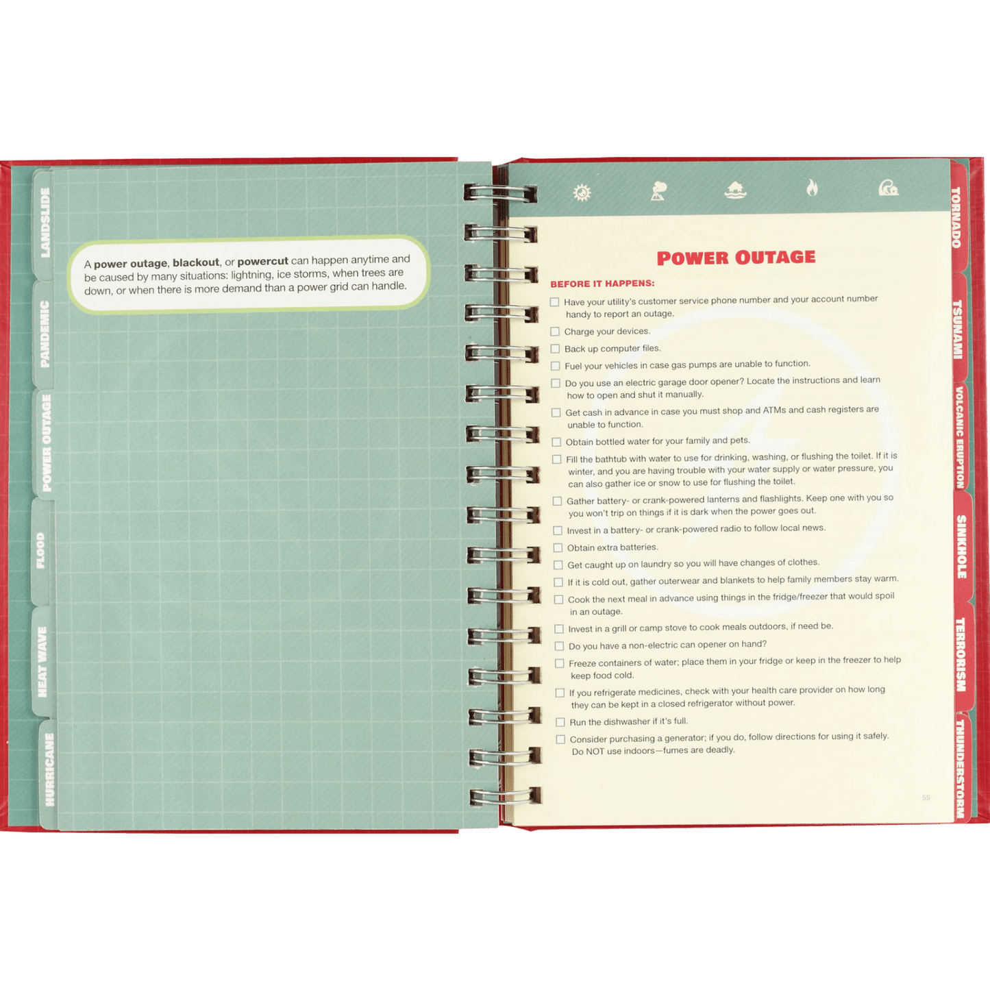 Open spiral-bound emergency logbook showing detailed power outage checklist and safety advice from Books and Under $50 collections