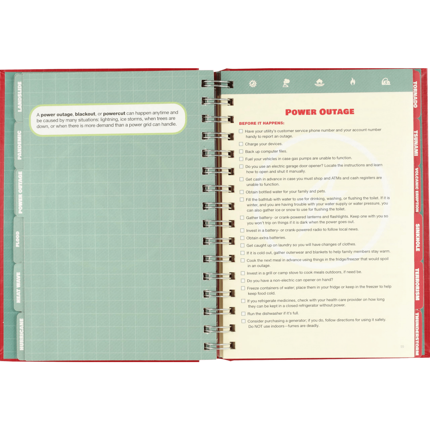 Open spiral-bound emergency logbook showing detailed power outage checklist and safety advice from Books and Under $50 collections