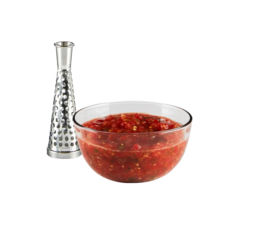 Glass bowl filled with fresh tomato sauce and a stainless steel strainer attachment on white background in kitchenware collection