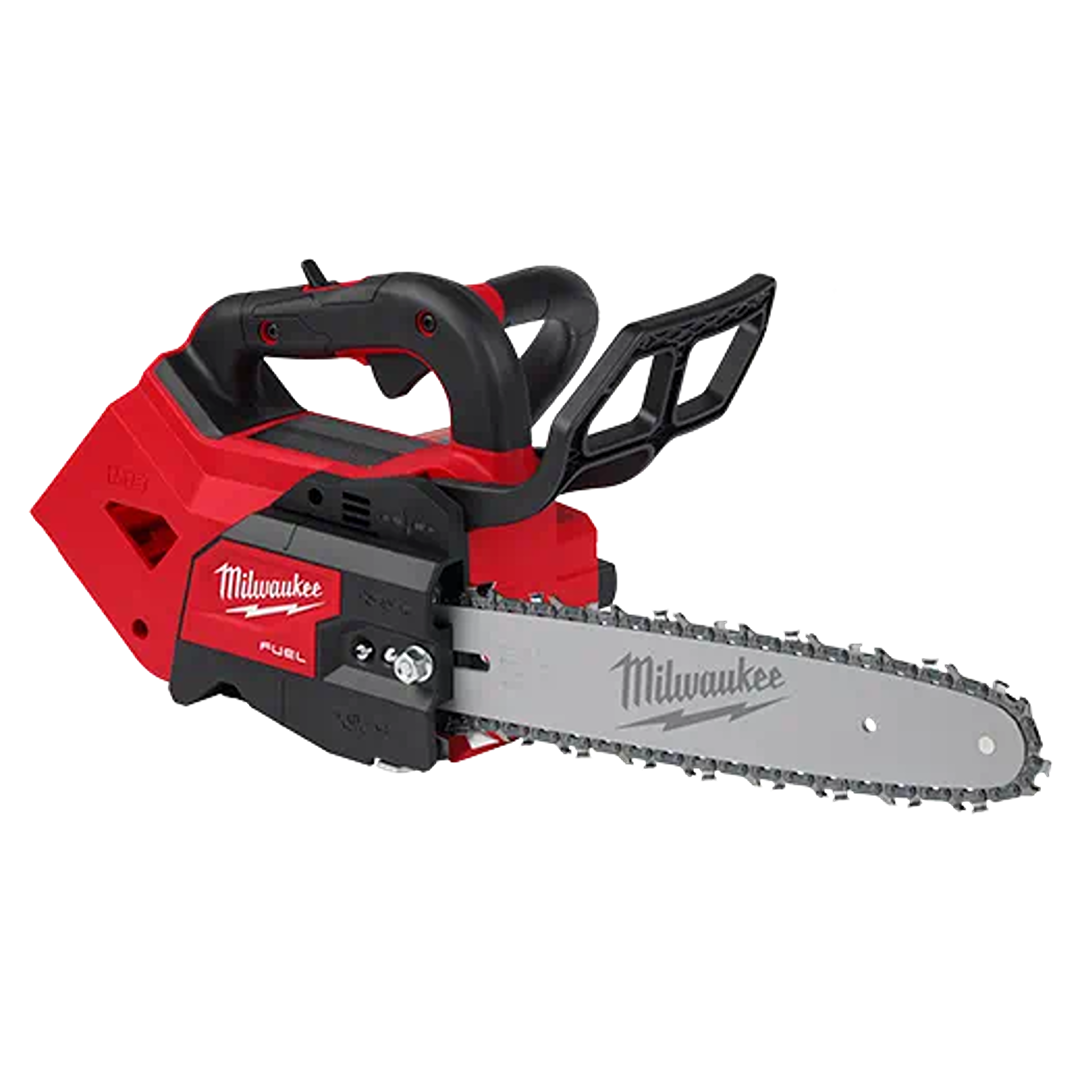 Compact red and black cordless top handle chainsaw with 12-inch bar designed for precision cutting and home improvement tasks