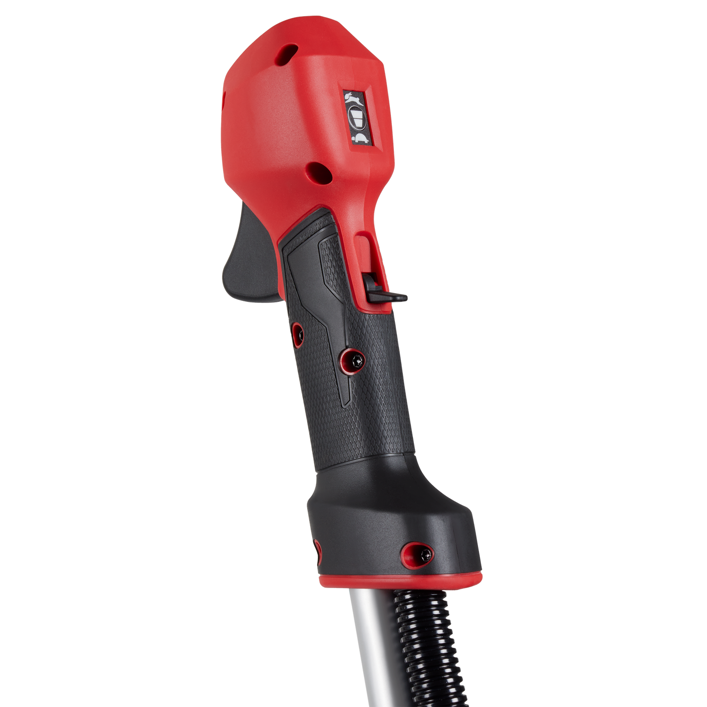 Close-up of red and black cordless brush cutter handle with textured grip and trigger for tools and home improvement tasks