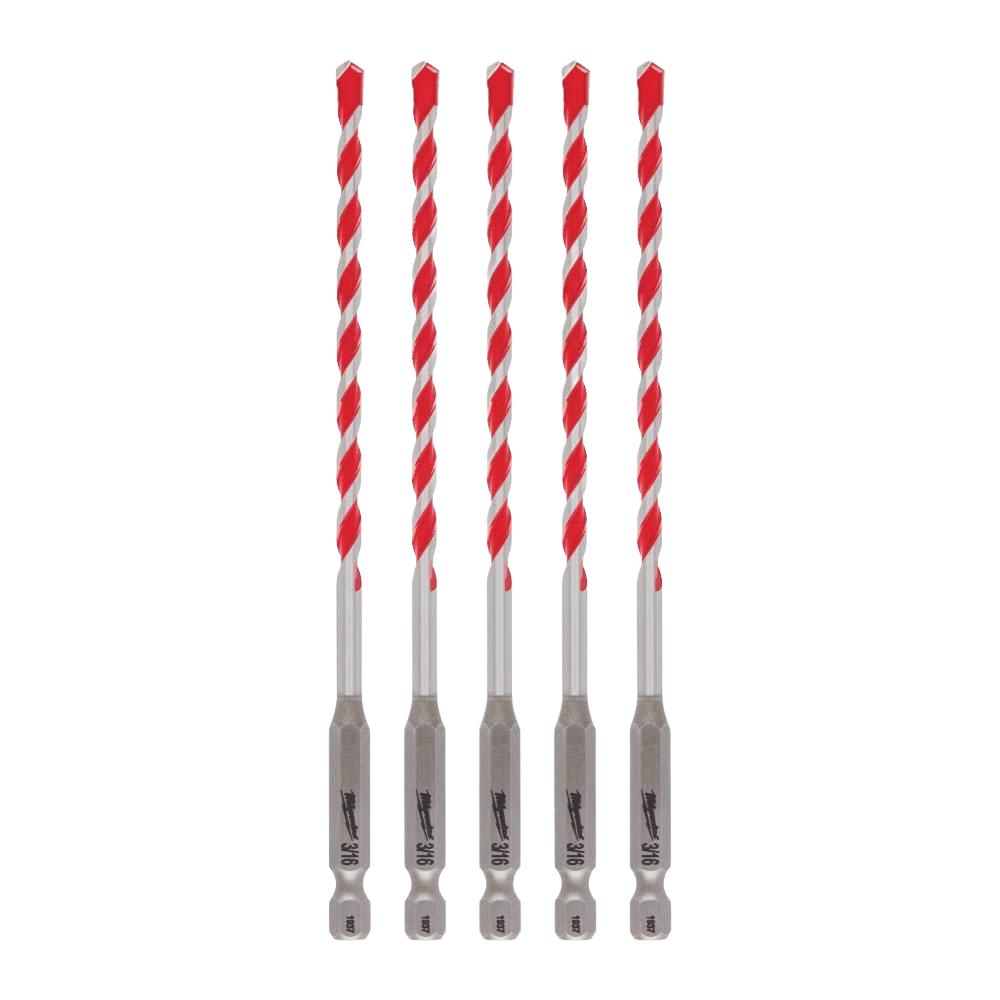 Set of five carbide-tipped hammer drill bits with red and silver design for concrete and masonry drilling in tool accessories